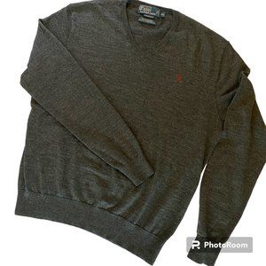 Polo Men's V-Neck Dark Heather Merino Wool Sweater XL Custom Fit